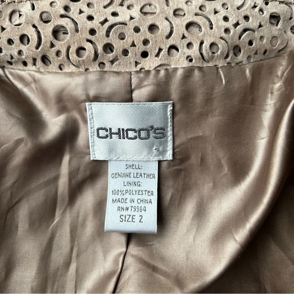 Chico's Tan Genuine Leather Laser Cutout Long Sleeve Open Front  Jacket - Picture 6 of 12